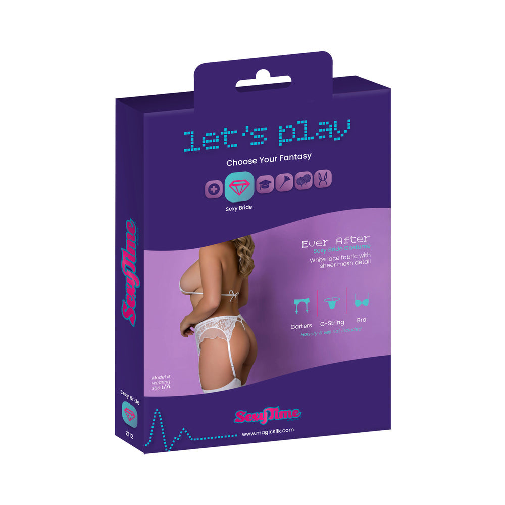 Magic Silk Sexy Time Ever After Bride Costume White S/M packaging with sexy bride lingerie details.