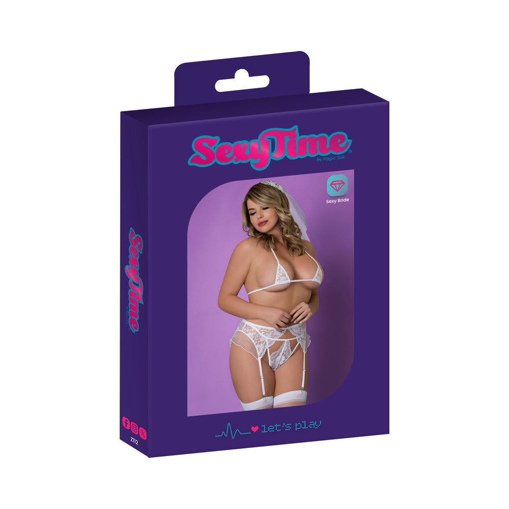 Magic Silk Sexy Time Ever After Bride Costume White L/XL packaging with model in lingerie.
