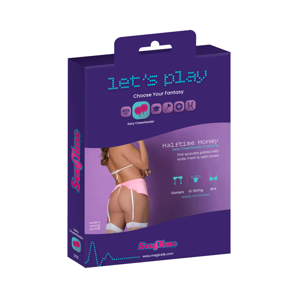 Magic Silk Half Time Honey Cheerleader Costume Pink S/M packaging, showcasing playful lingerie details in pink and white.