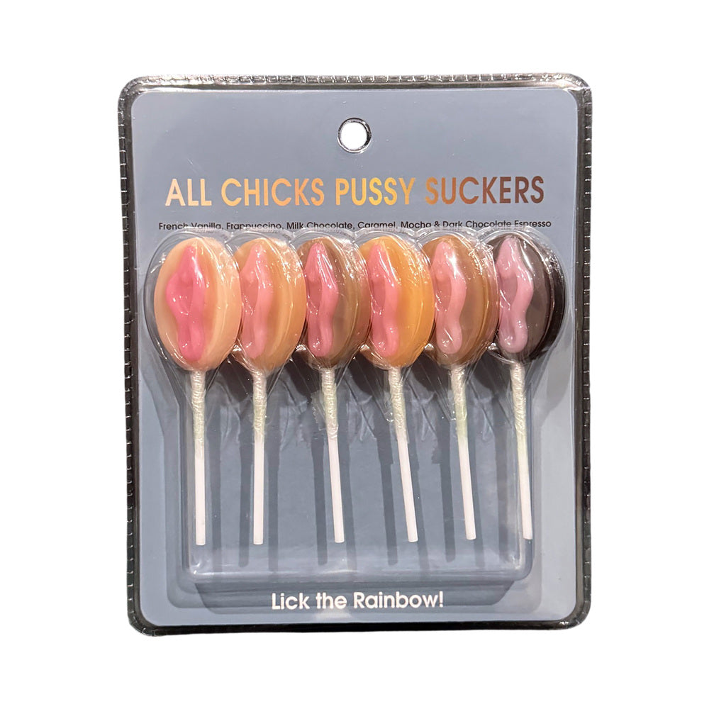 All Chicks Pussy Suckers 6 Pack featuring assorted flavored lollipops in playful packaging.