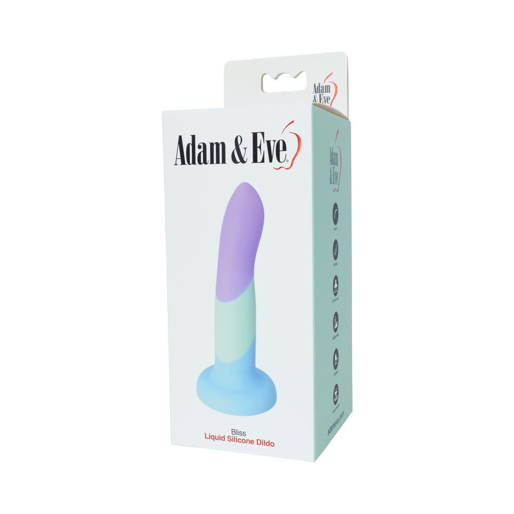 Product packaging for Adam & Eve Bliss Liquid Silicone Dildo showcasing its modern design and colors.