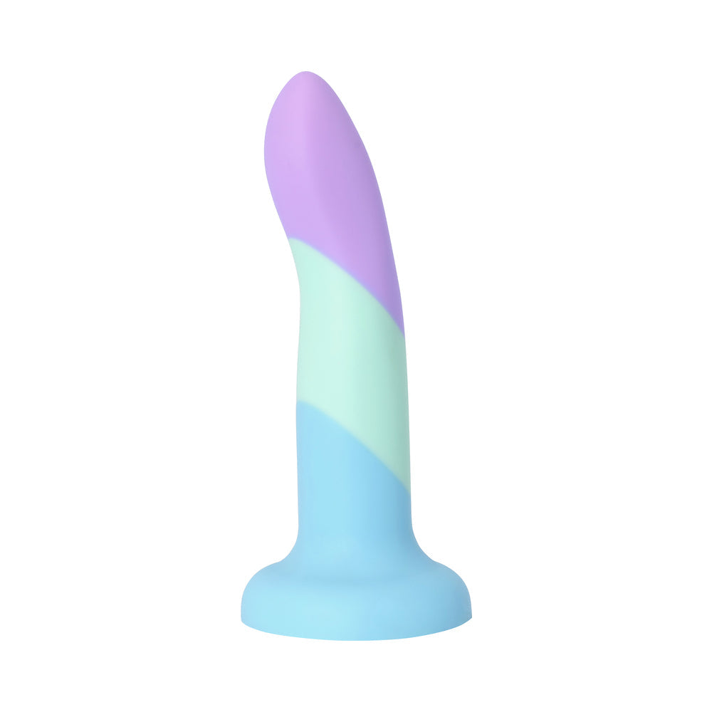 Adam & Eve Bliss Liquid Silicone Dildo in pastel colors with a modern non-phallic design for comfort and stimulation.