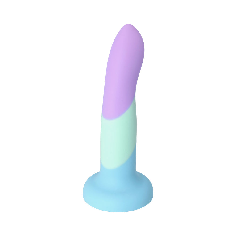 Adam & Eve Bliss Liquid Silicone Dildo in pastel colors with a modern design for comfortable use.