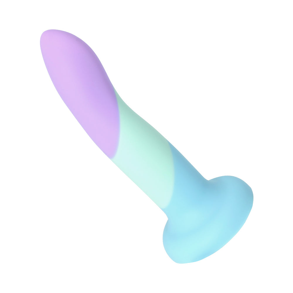Adam & Eve Bliss Liquid Silicone Dildo in soft pastel colors with a curved design for comfort and stimulation.