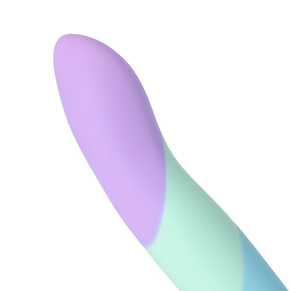 Adam & Eve Bliss Liquid Silicone Dildo showcasing its soft, curved tip for targeted stimulation.