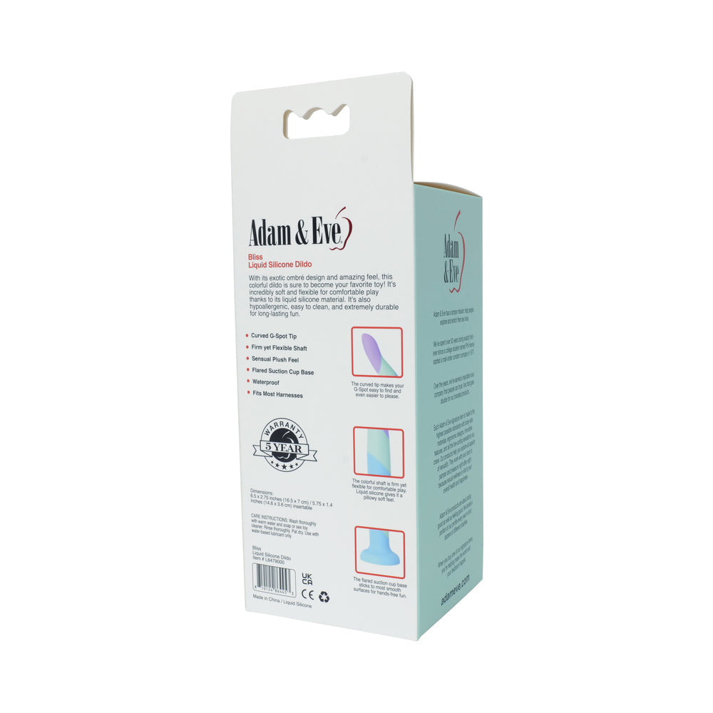 Packaging design for Adam & Eve Bliss Liquid Silicone Dildo, showcasing features and a modern aesthetic.