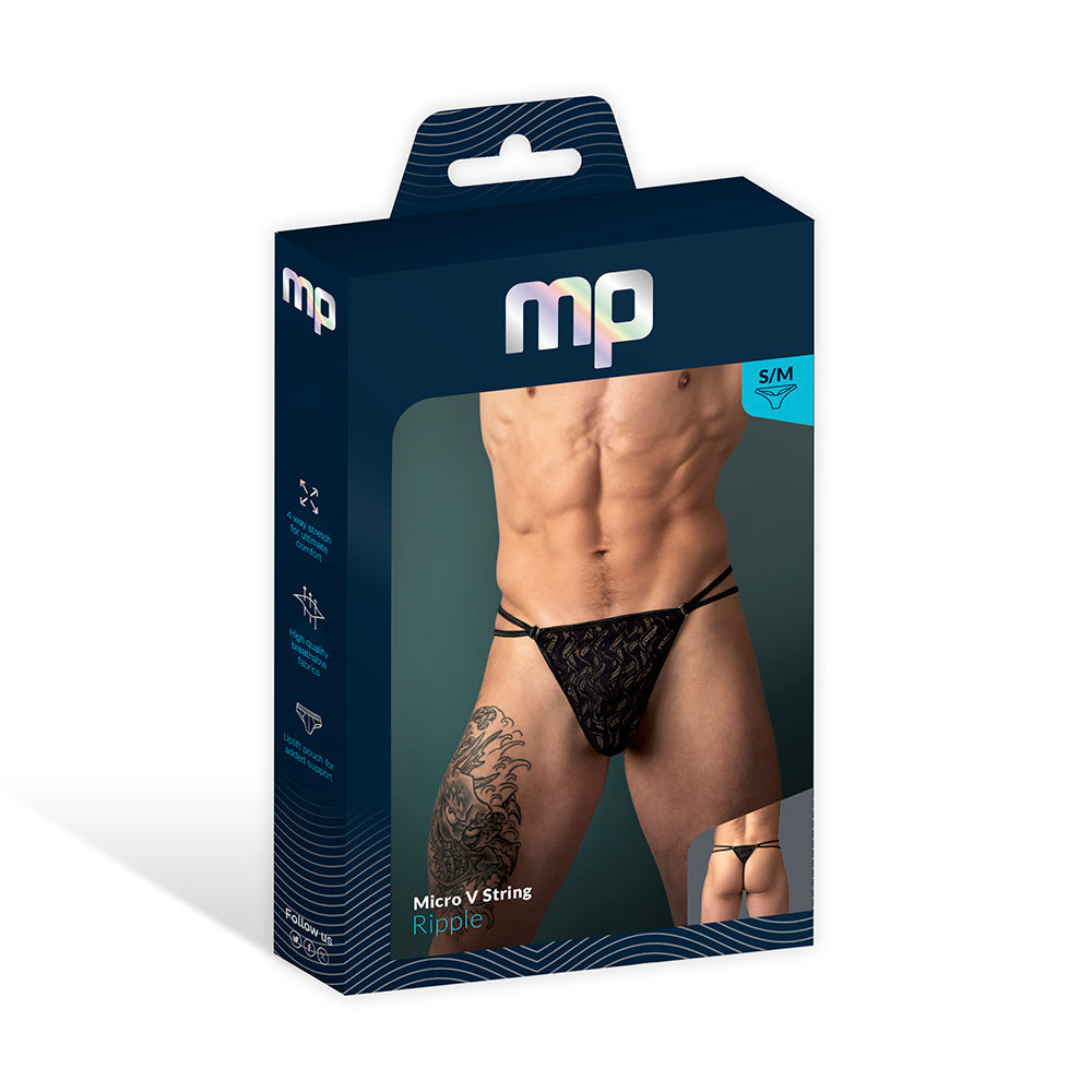 Male Power Ripple Micro V String Black S/M packaging, showcasing modern lace design and comfort fit.
