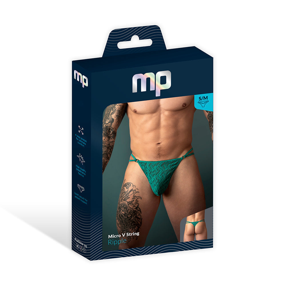Male Power Ripple Micro V String Teal S/M packaging featuring modern lace design and minimal coverage