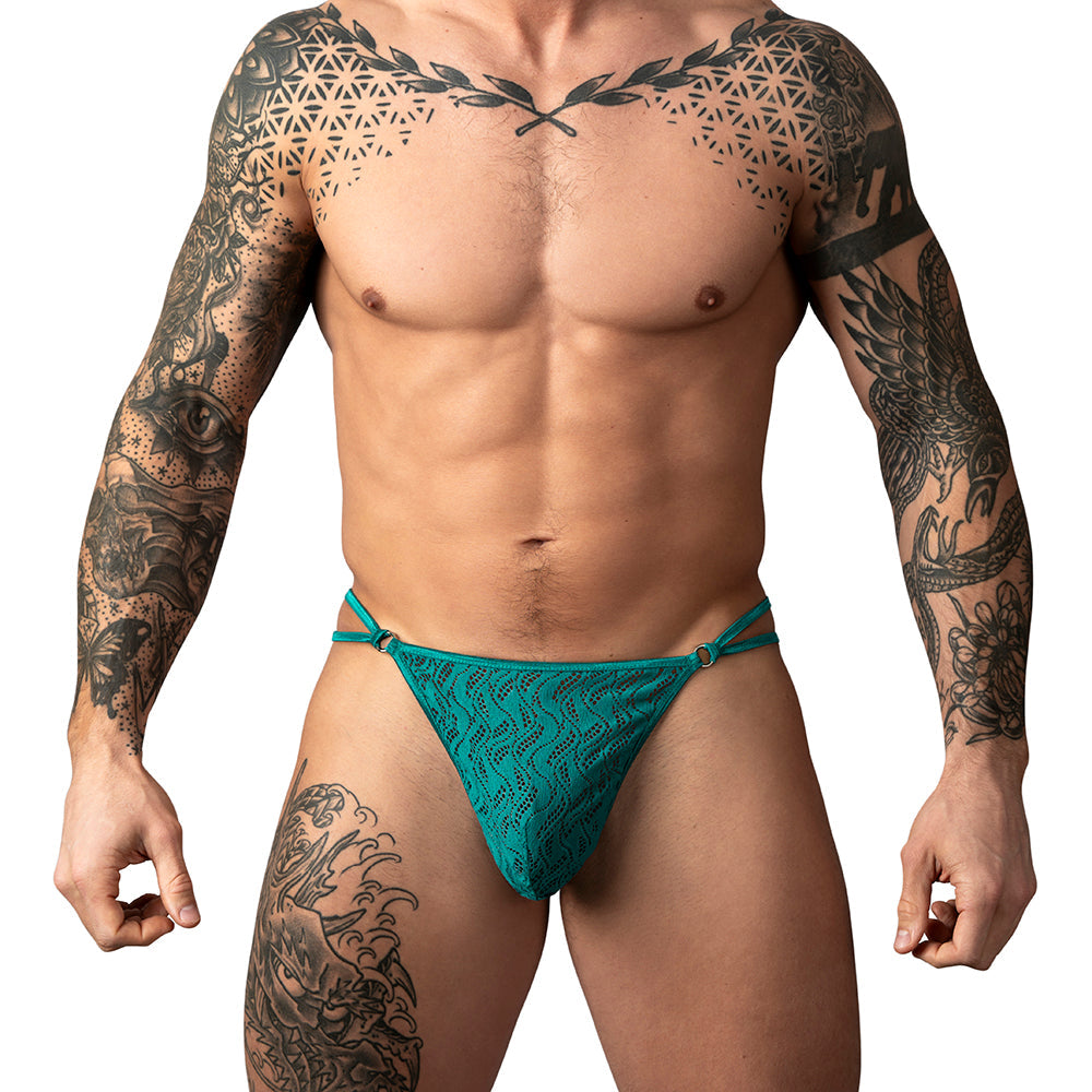Male Power Ripple Micro V String Teal S/M showcased on a muscular model, featuring a wavy lace design.