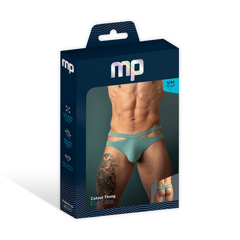 Male Power Eco Cozy Cutout Thong Green S/M packaging showing minimal thong design and cutout detail.