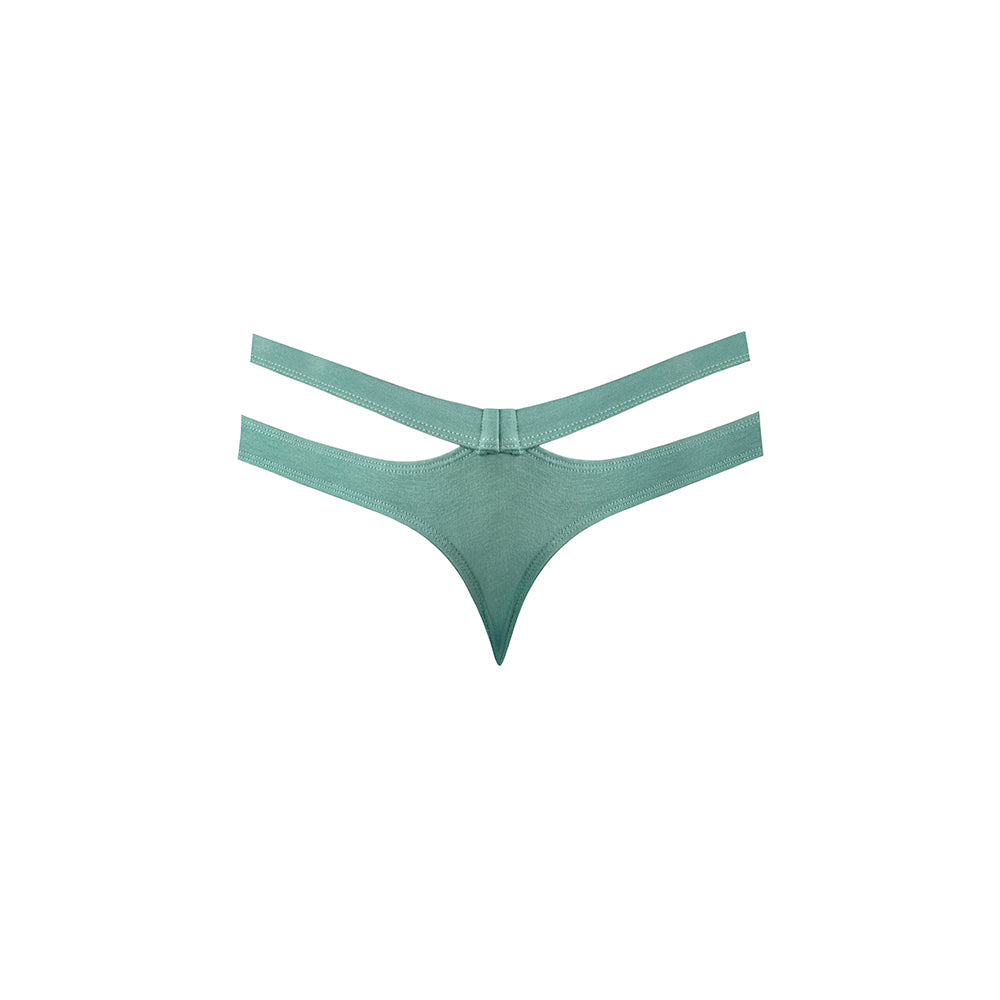 Male Power Eco Cozy Cutout Thong Green S/M front view showcasing minimal thong design with bold cutout.