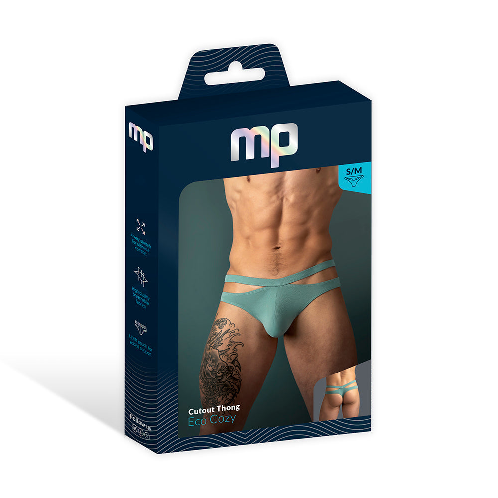Male Power Eco Cozy Cutout Thong Green L/XL packaging featuring a male model wearing the thong.