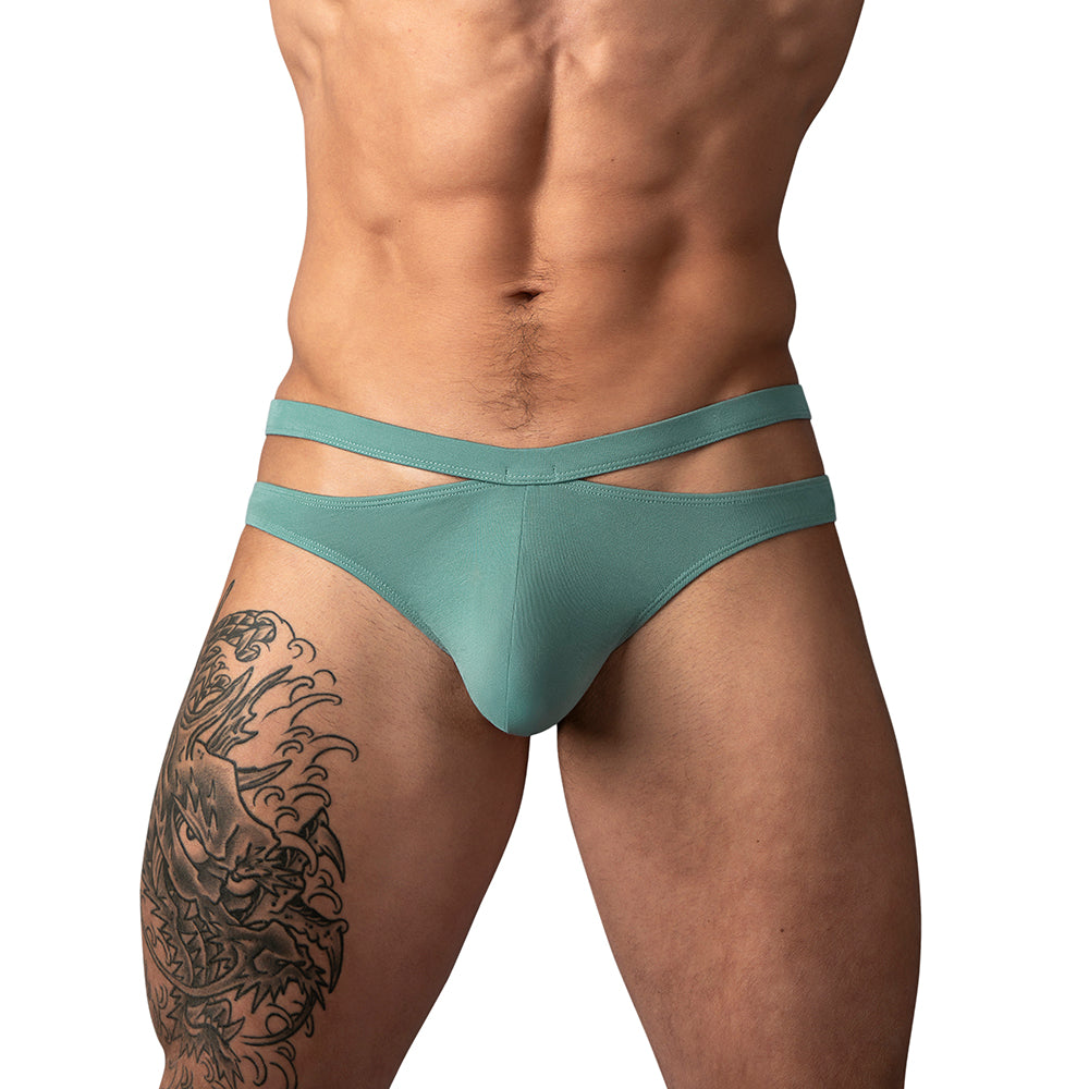 Male Power Eco Cozy Cutout Thong Green L/XL featuring cutout detailing and thong back design.