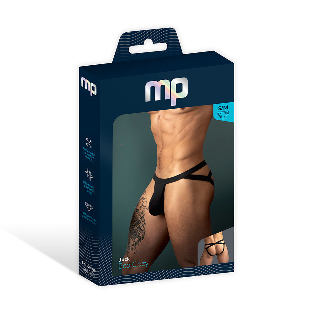 Male Power Eco Cozy Jock Strap Black L/XL packaging showcasing jock style underwear for men.
