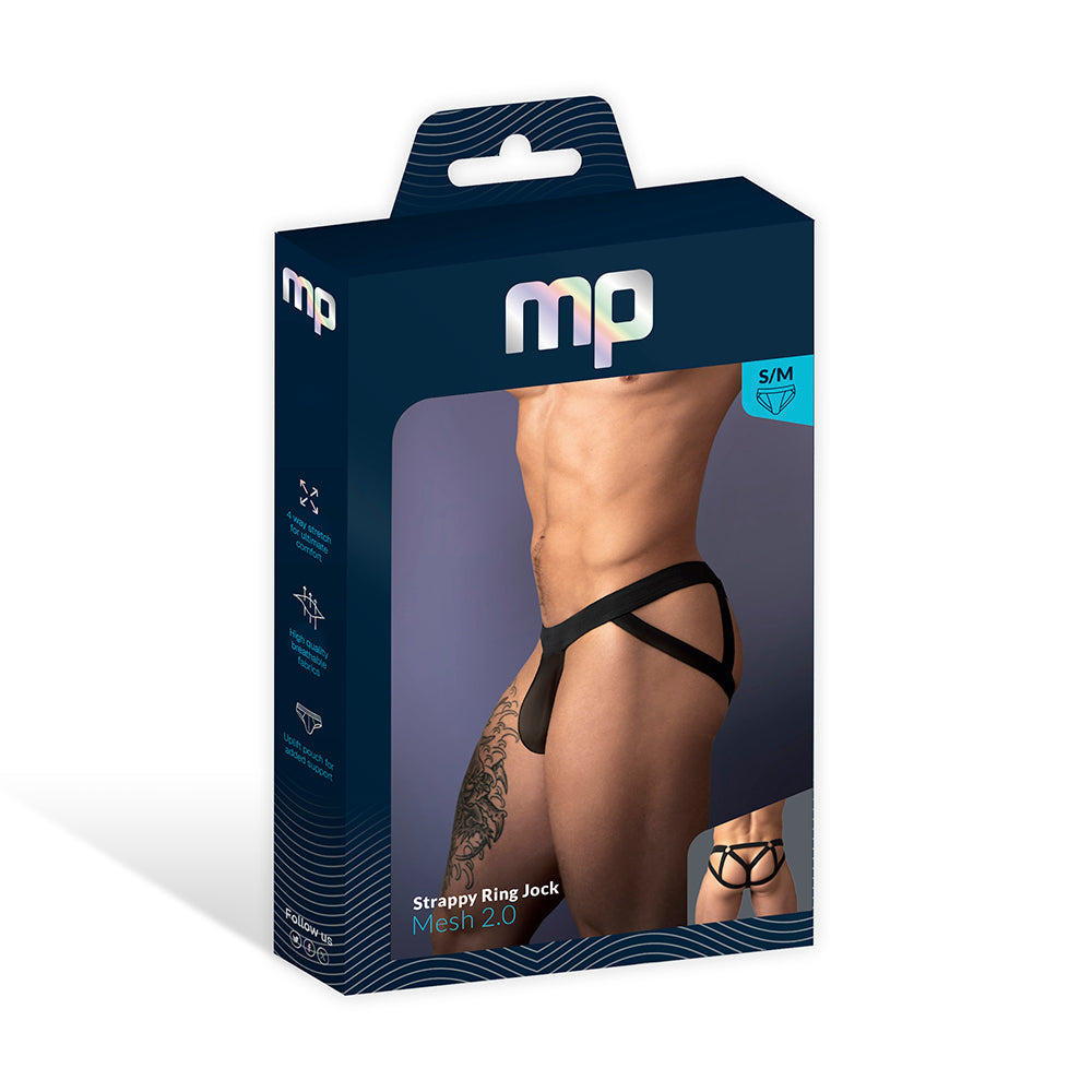 Male Power Mesh 2.0 Strappy Ring Jock Black L/XL packaging with model showcasing strappy design.