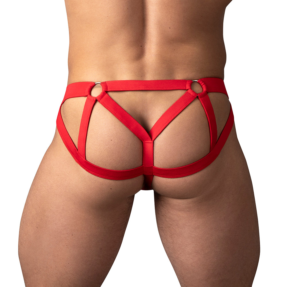 Male Power Mesh 2.0 Strappy Ring Jock Red L/XL showcasing a bold strappy design from the back.