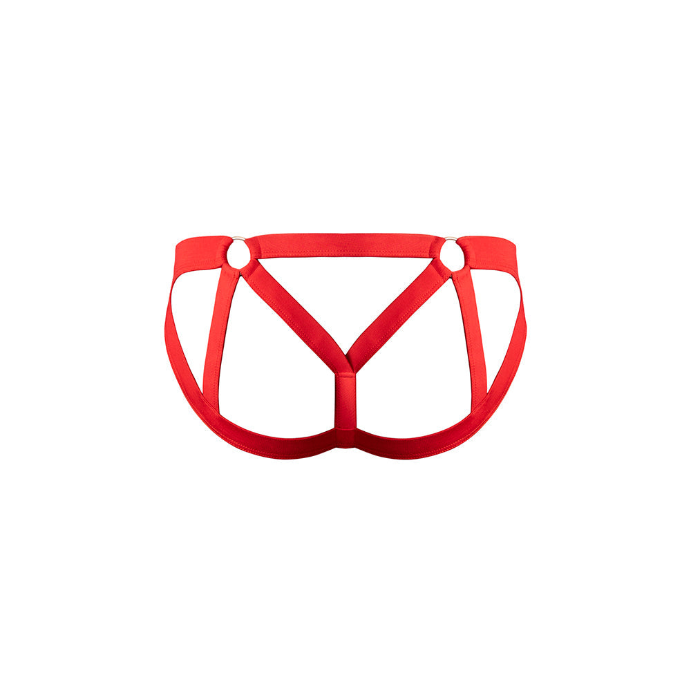 Male Power Mesh 2.0 Strappy Ring Jock Red L/XL showcasing bold strappy design and vivid red color.