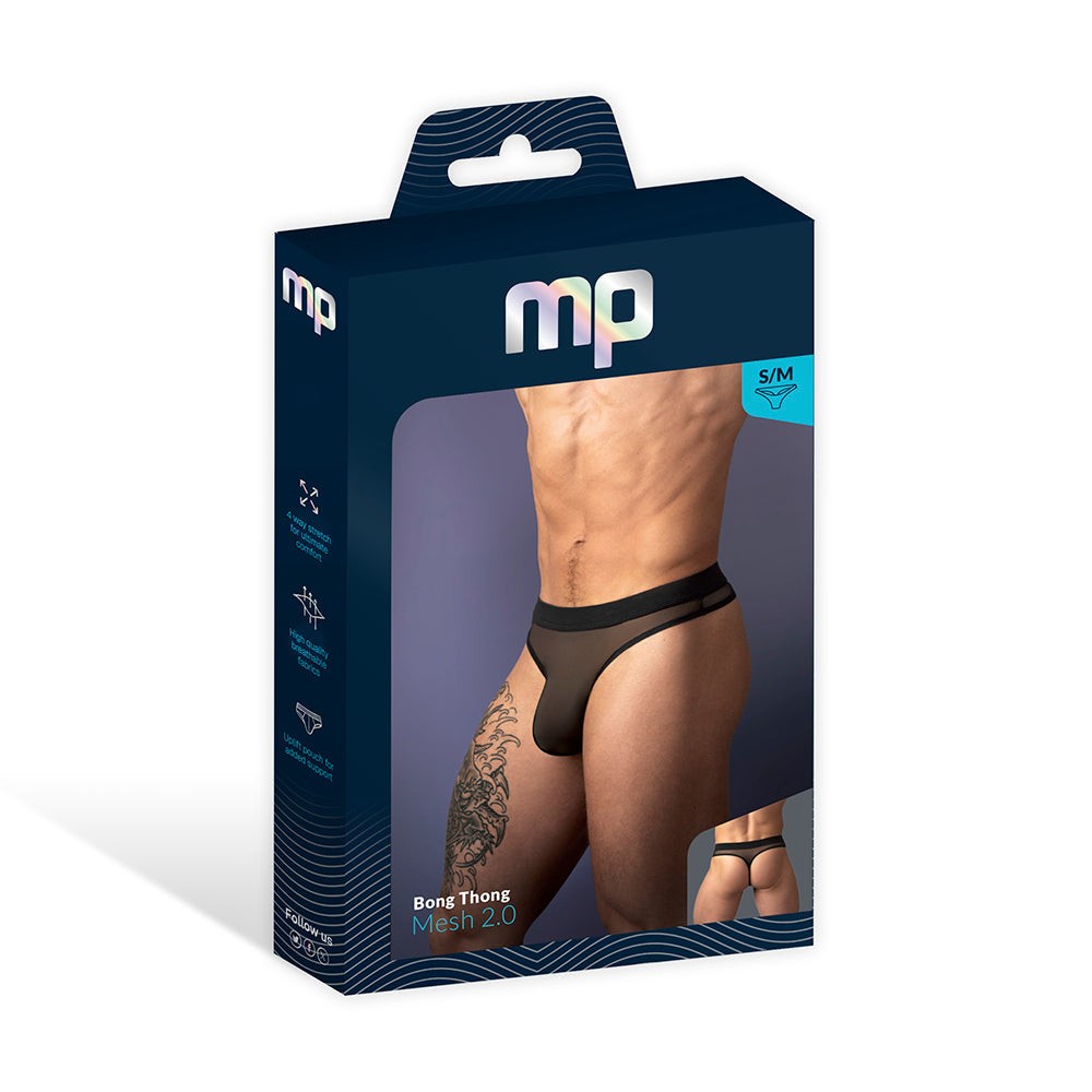Male Power Mesh 2.0 Bong Thong Black S/M packaging showcasing sheer design and minimal silhouette for men's underwear.