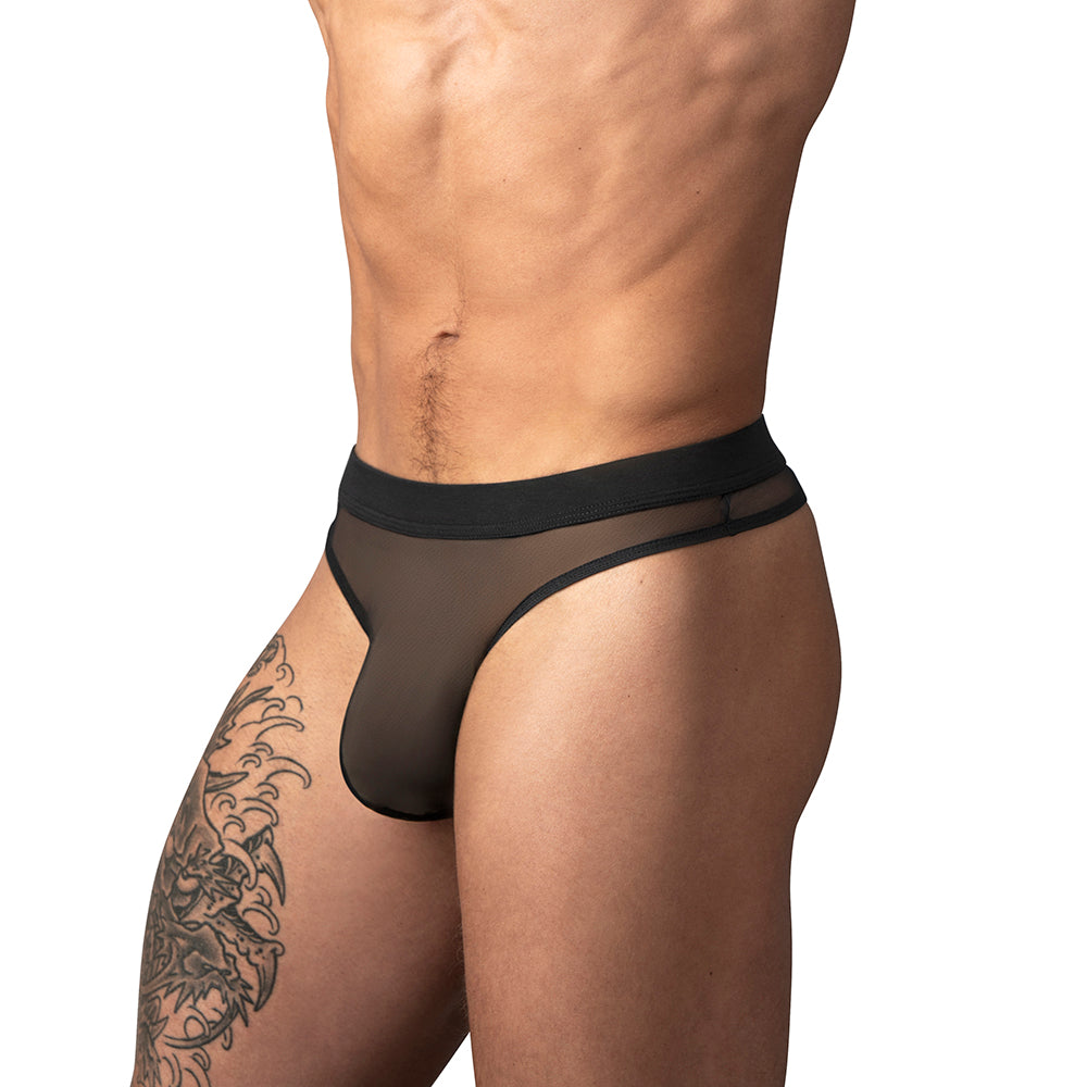Male Power Mesh 2.0 Bong Thong Black S/M showcasing sheer mesh design on male model with tattoo.