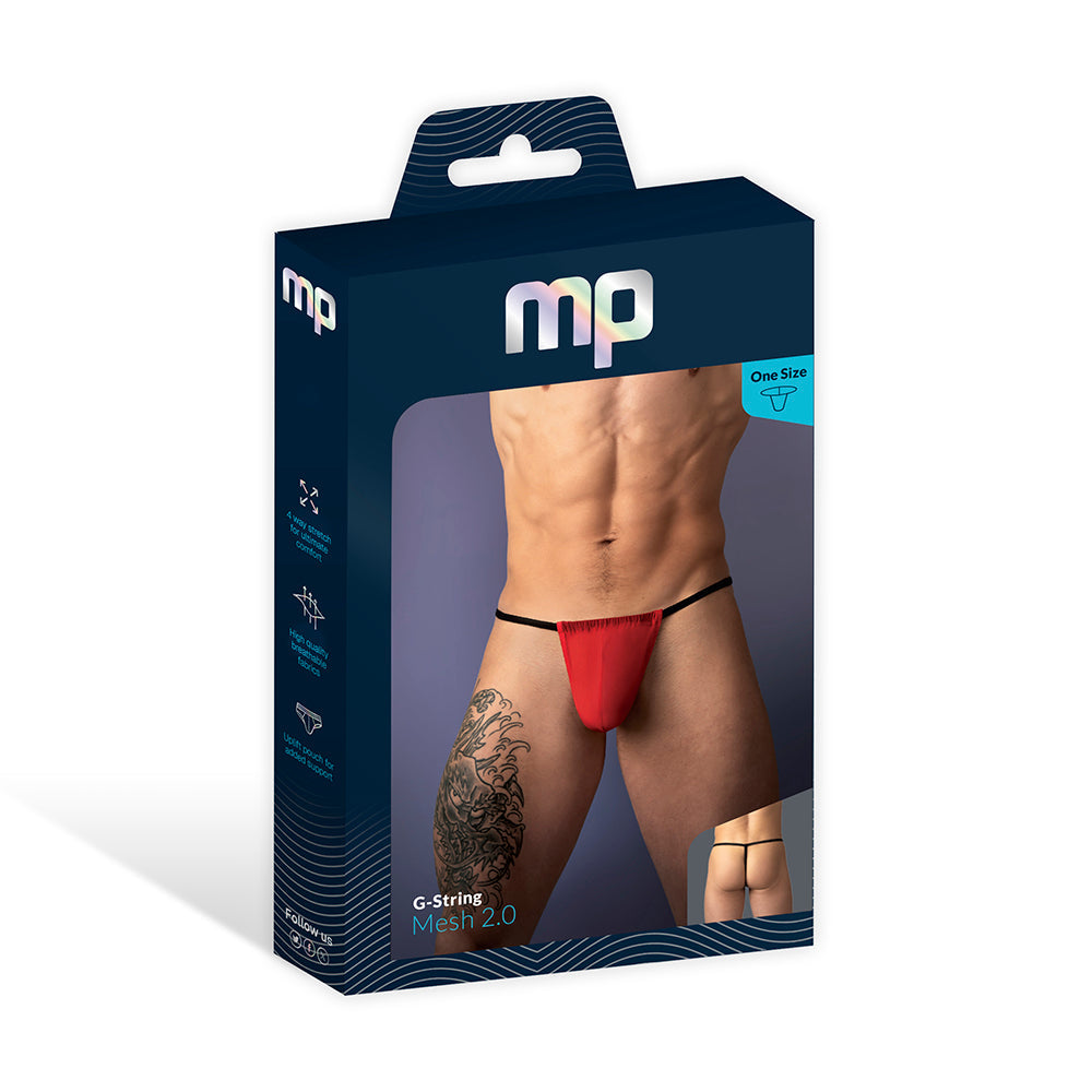 Male Power Mesh 2.0 Men's G-String Red One Size packaging showcasing a minimal and bold design.