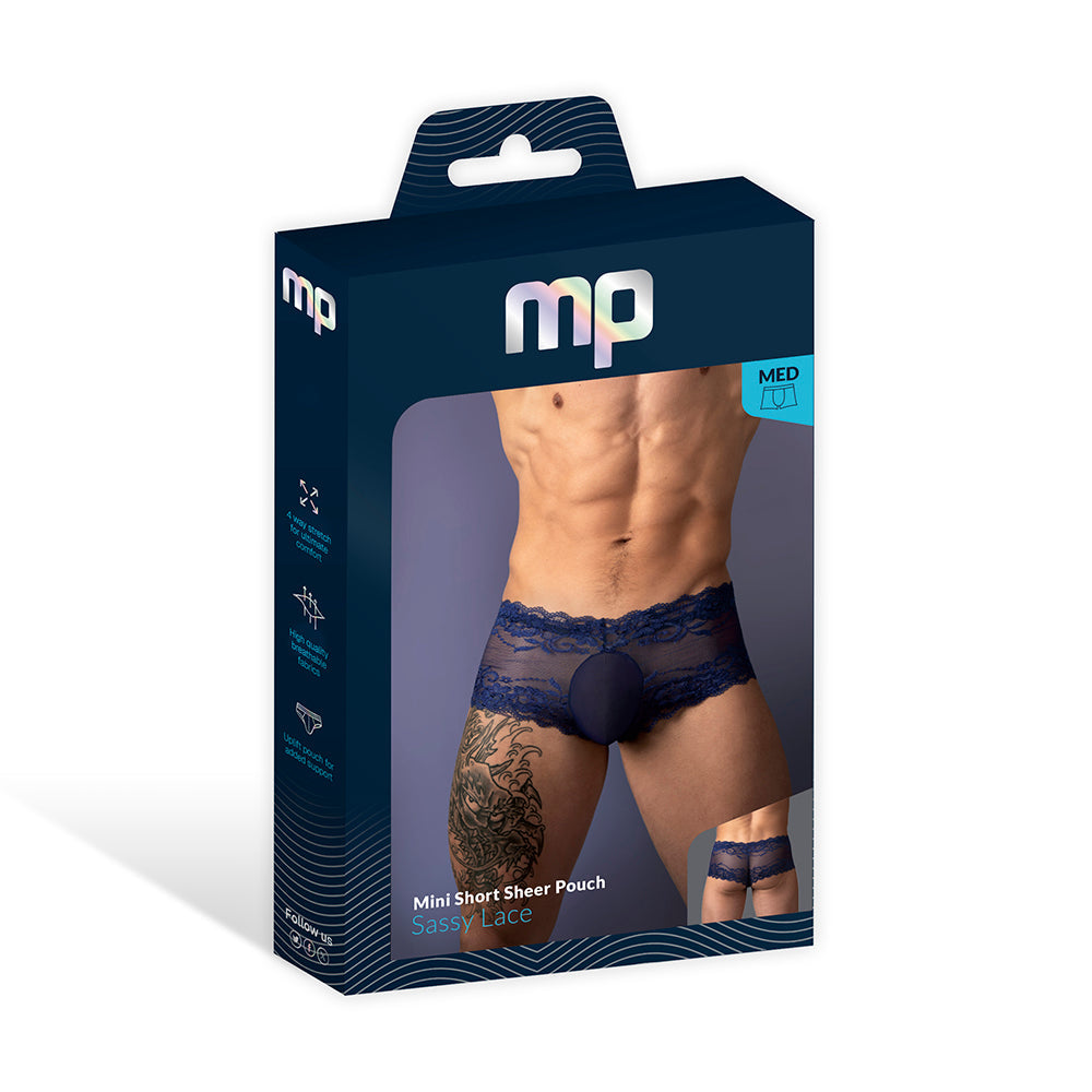 Male Power Sassy Lace Mini Short Sheer Pouch Navy M packaging with model showcasing the mini short design.