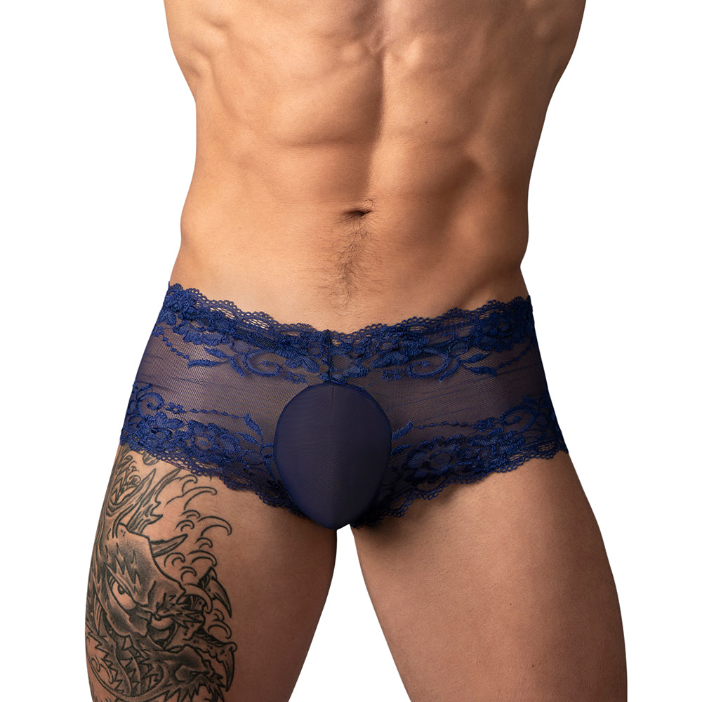 Male Power Sassy Lace Mini Short Sheer Pouch Navy M showcases a sleek design with decorative lace and a sheer pouch.