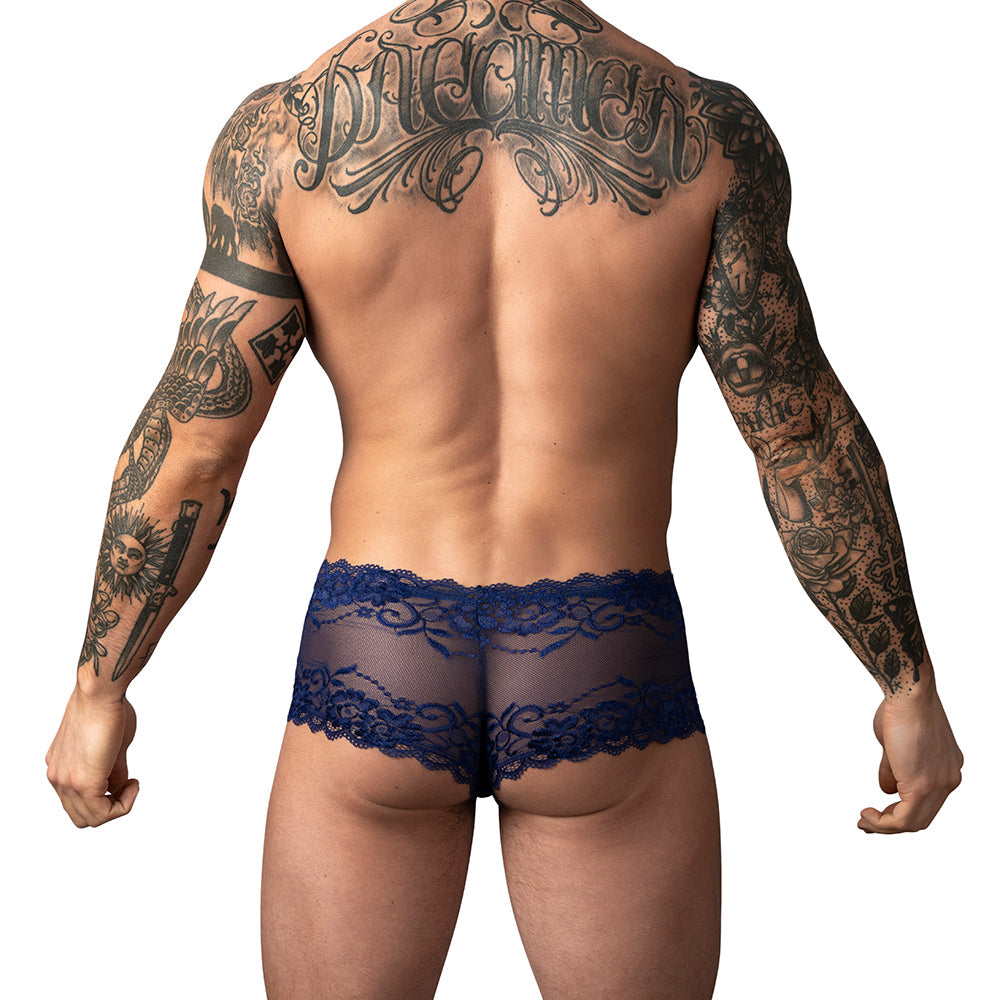 Male Power Sassy Lace Mini Short Sheer Pouch Navy M showcased on a model, featuring decorative lace and a sheer front.
