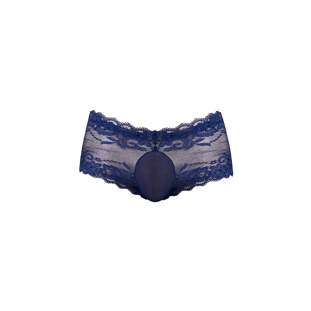 Male Power Sassy Lace Mini Short Sheer Pouch Navy M showcasing a sheer lace design with a playful front pouch.