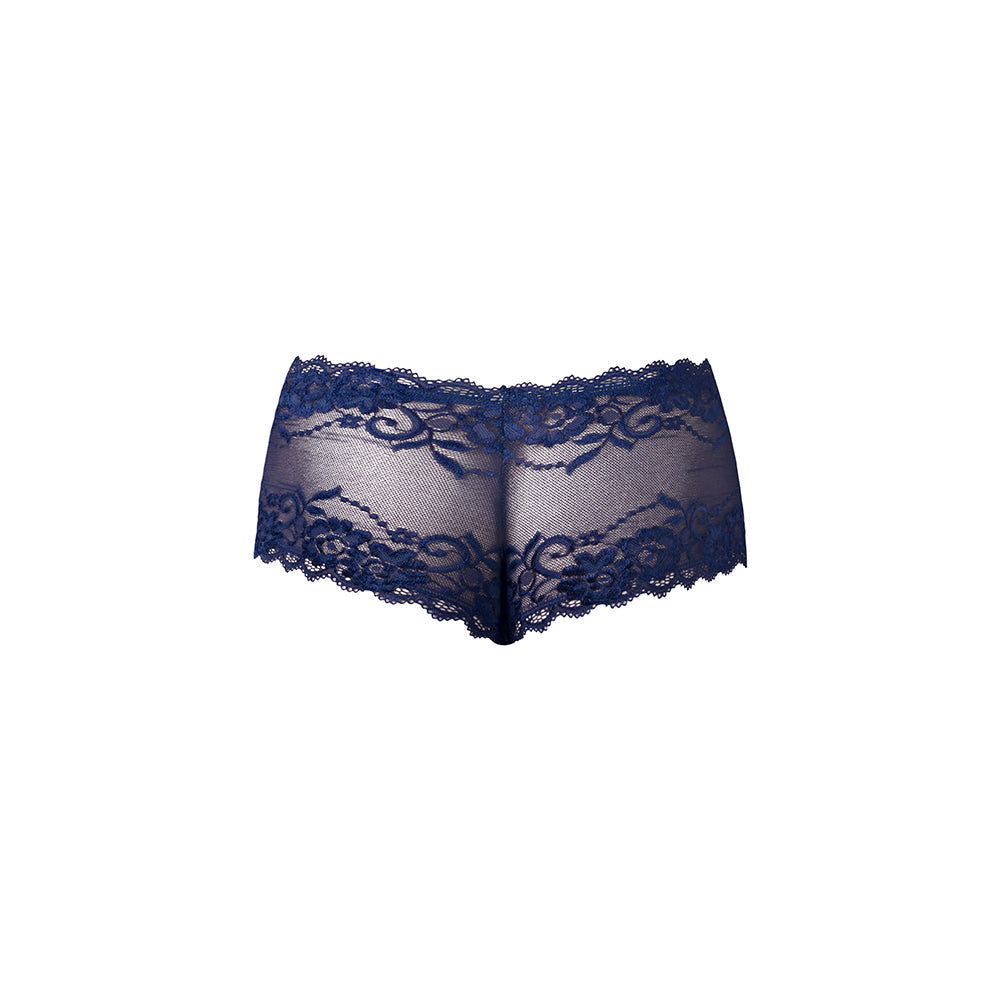 Male Power Sassy Lace Mini Short Sheer Pouch Navy M - navy lace men's underwear with sheer front pouch.