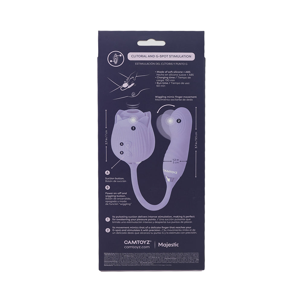 Camtoyz Lotus G-spot Stimulator packaging showcasing clitoral and G-spot stimulation features.