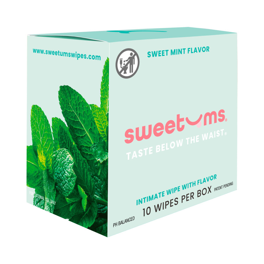 Sweetums Intimate Wipes Sweet Mint Flavor 10 Pack box with mint leaves and pH balanced labeling.