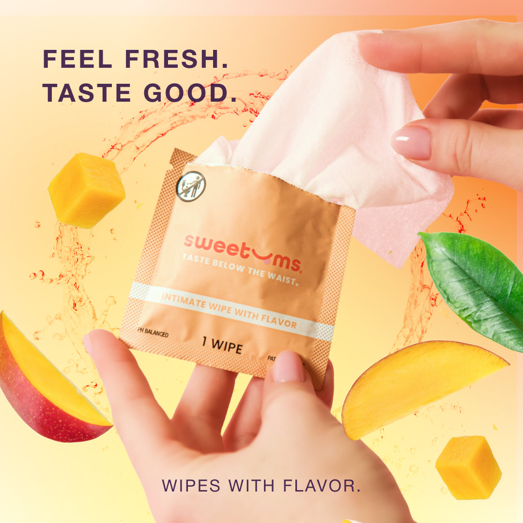 Sweetums Intimate Wipes Sweet Mint Flavor 10 Pack shown with refreshing fruit and mint background.
