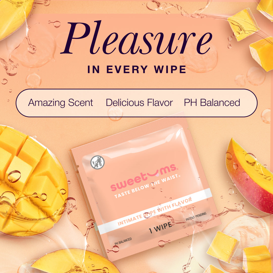 Sweetums Intimate Wipes Sweet Mint Flavor 10 Pack packaging showcasing amazing scent, delicious flavor, and pH balanced formula.
