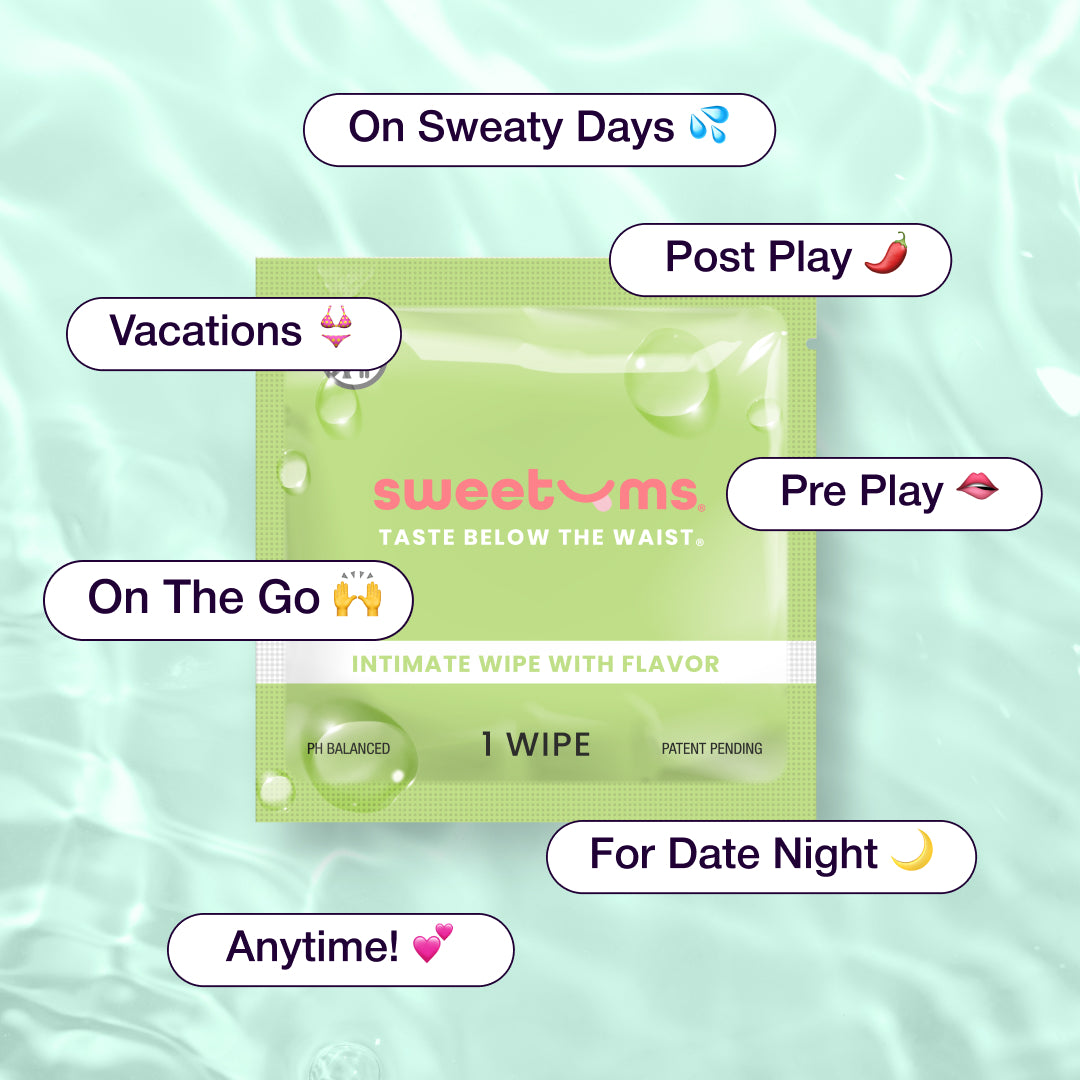 Sweetums Intimate Wipes Sweet Mint Flavor 10 Pack packaging with usage suggestions like vacations and date nights.
