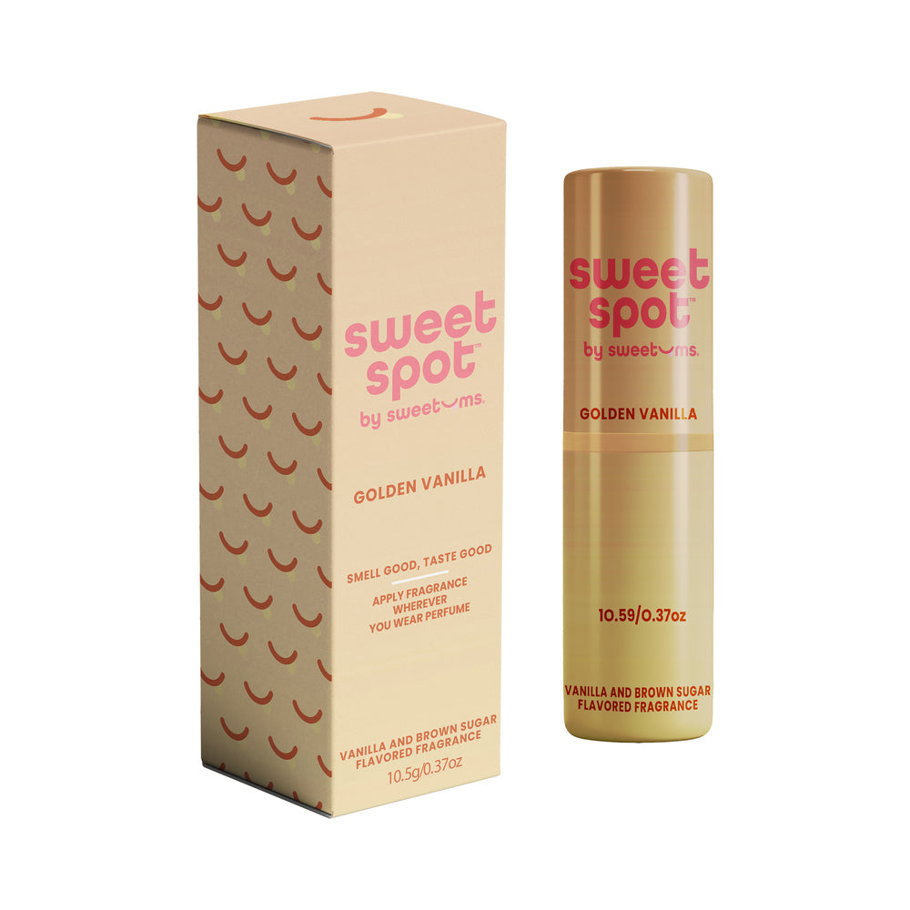 Sweetums Sweet Spot Flavored Fragrance Golden Vanilla product packaging and stick, showcasing vanilla and brown sugar scent.