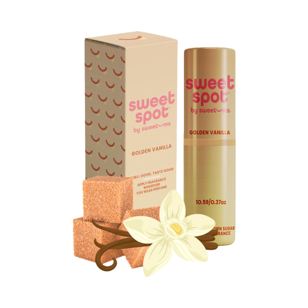 Sweetums Sweet Spot Flavored Fragrance Golden Vanilla packaging and stick with vanilla and brown sugar elements.
