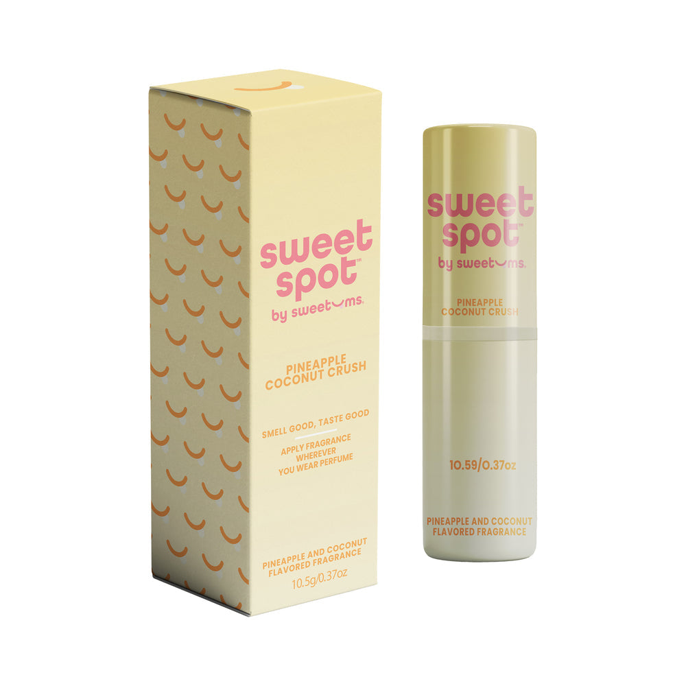 Sweetums Sweet Spot Fragrance Pineapple Coconut Crush packaging and stick, showcasing tropical scent and flavor.