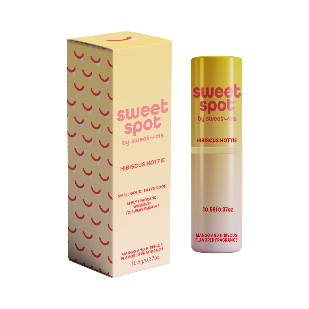 Sweetums Sweet Spot Flavored Fragrance Hibiscus Hottie product packaging and stick with mango and hibiscus scent.