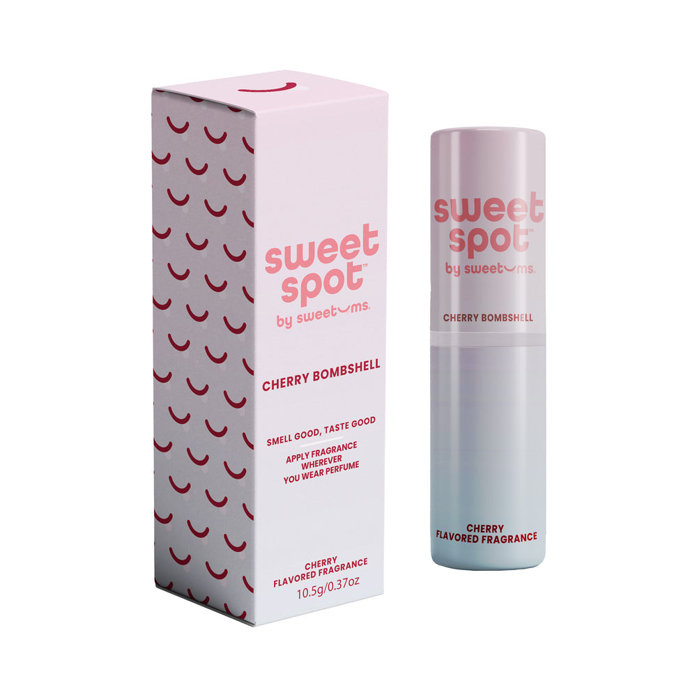 Sweetums Sweet Spot Flavored Fragrance Cherry Bombshell solid fragrance stick and packaging.