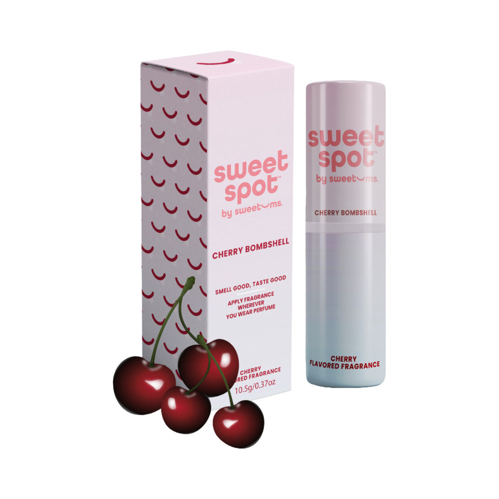 Sweetums Sweet Spot Flavored Fragrance Cherry Bombshell in packaging with cherries