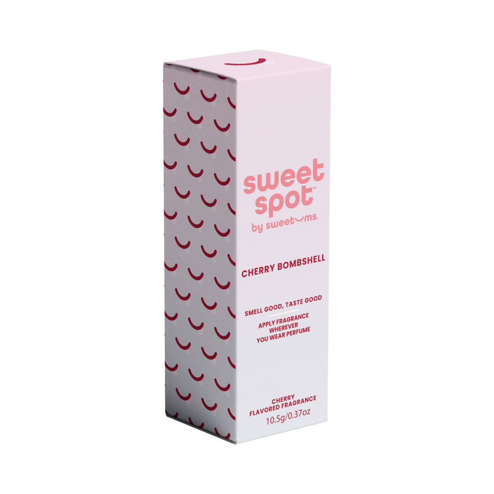 Sweetums Sweet Spot Flavored Fragrance Cherry Bombshell packaging with cherry design, travel-friendly solid fragrance stick.