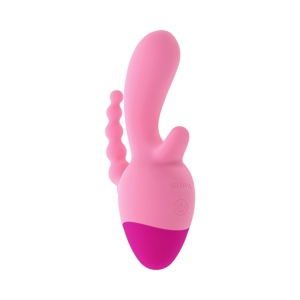 Selopa Game On 3-point Rechargeable Vibrator Pink showcasing a multi-zone stimulation design.