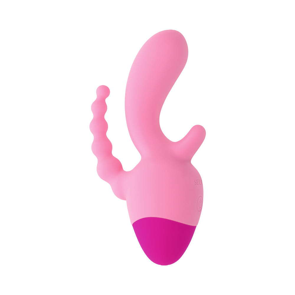 Selopa Game On 3-point Rechargeable Vibrator Pink showcasing its ergonomic design and multi-zone stimulation features.