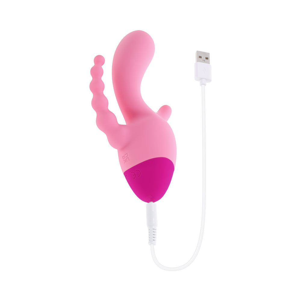 Selopa Game On 3-point Rechargeable Vibrator Pink showing the design and USB charging capability.