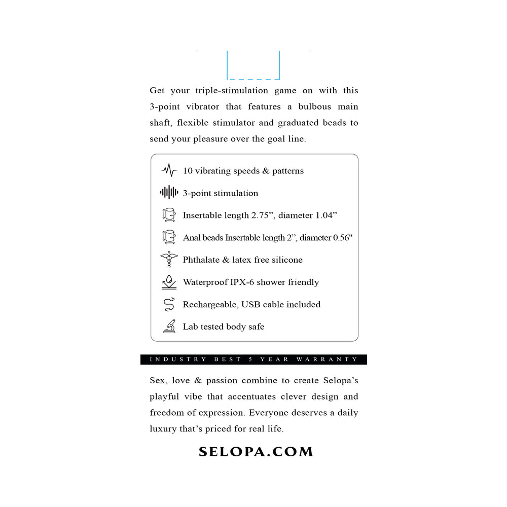 Selopa Game On 3-point Rechargeable Vibrator Pink with 10 speeds and multi-zone stimulation features.