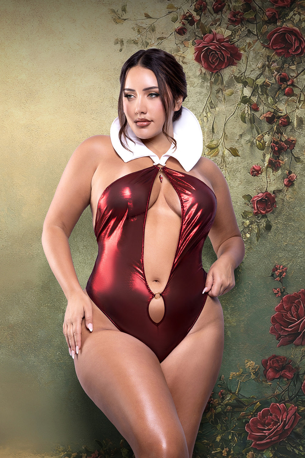 Fantasy Lingerie Play Vamped Vampire Teddy Costume XL/2XL model wearing a seductive red teddy with a white collar.