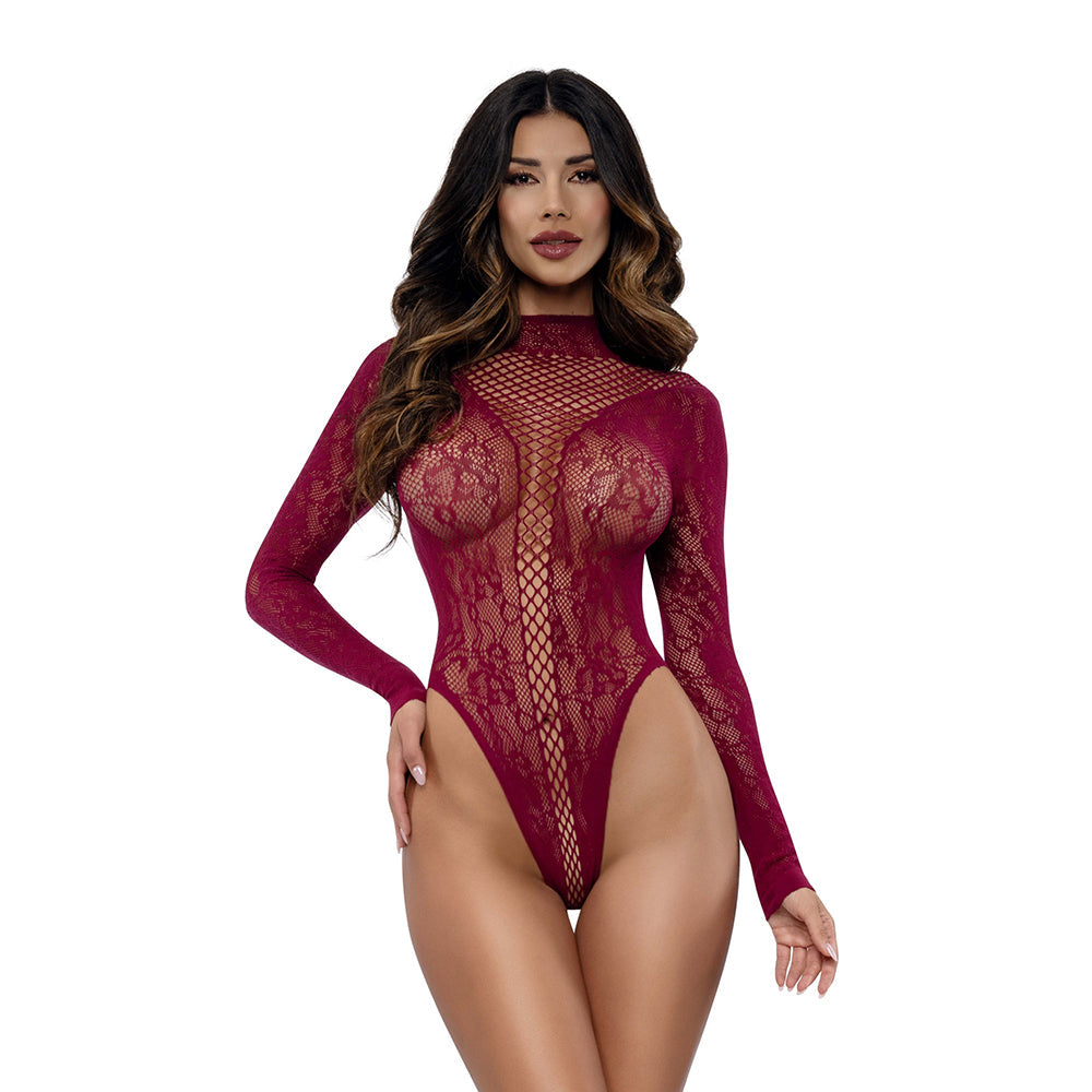 Dreamgirl Honey Long Sleeve Teddy Burgundy One Size showcasing a seductive burgundy lace design with long sleeves and a backless style.
