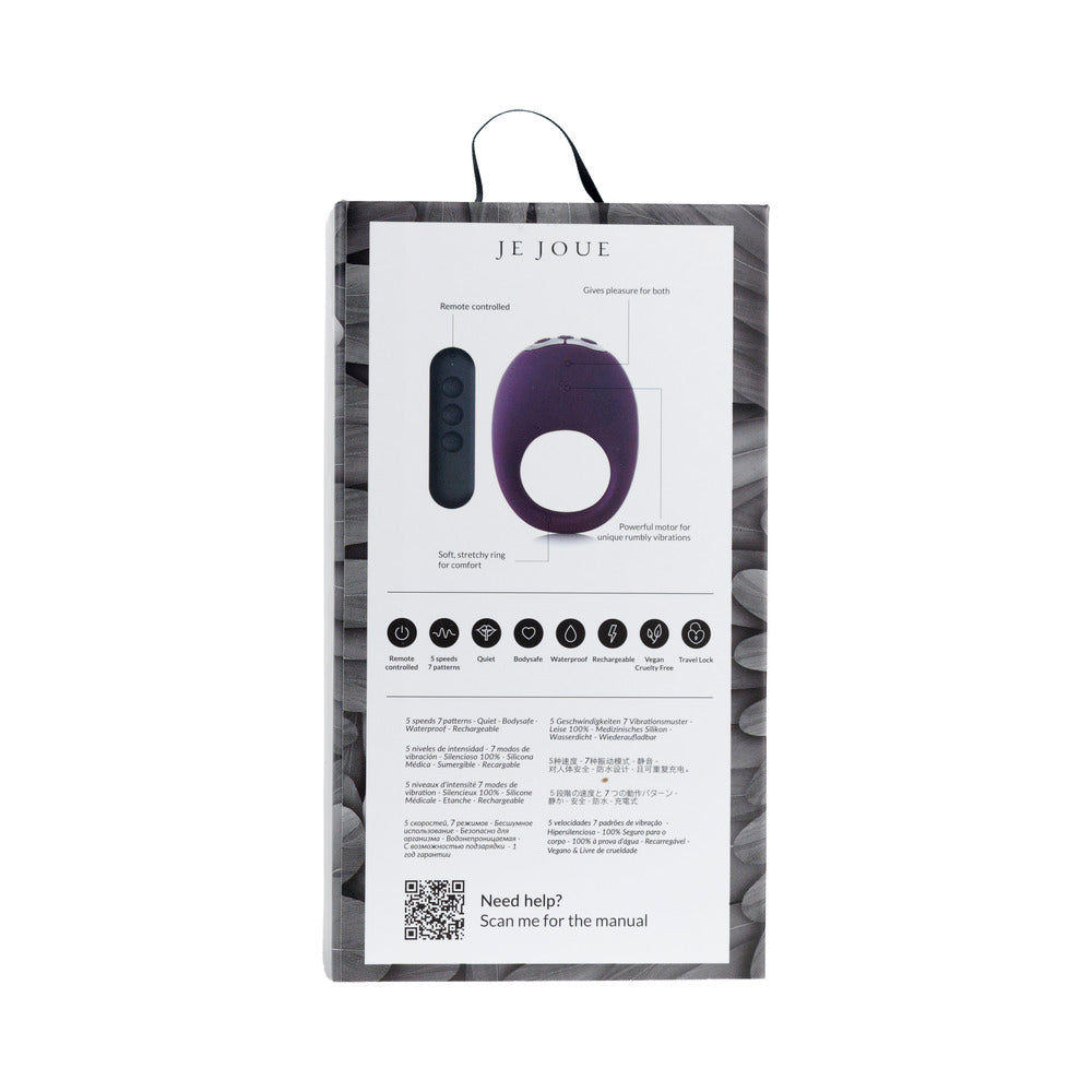 Je Joue Mio V2 Vibrating Cock Ring Blue product packaging with features and specifications highlighted.