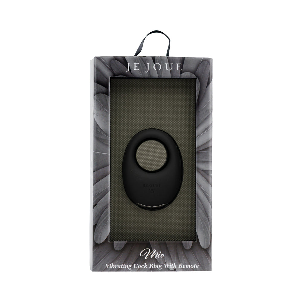 Je Joue Mio V2 Vibrating Cock Ring Black in sleek packaging with remote control for enhanced intimacy.