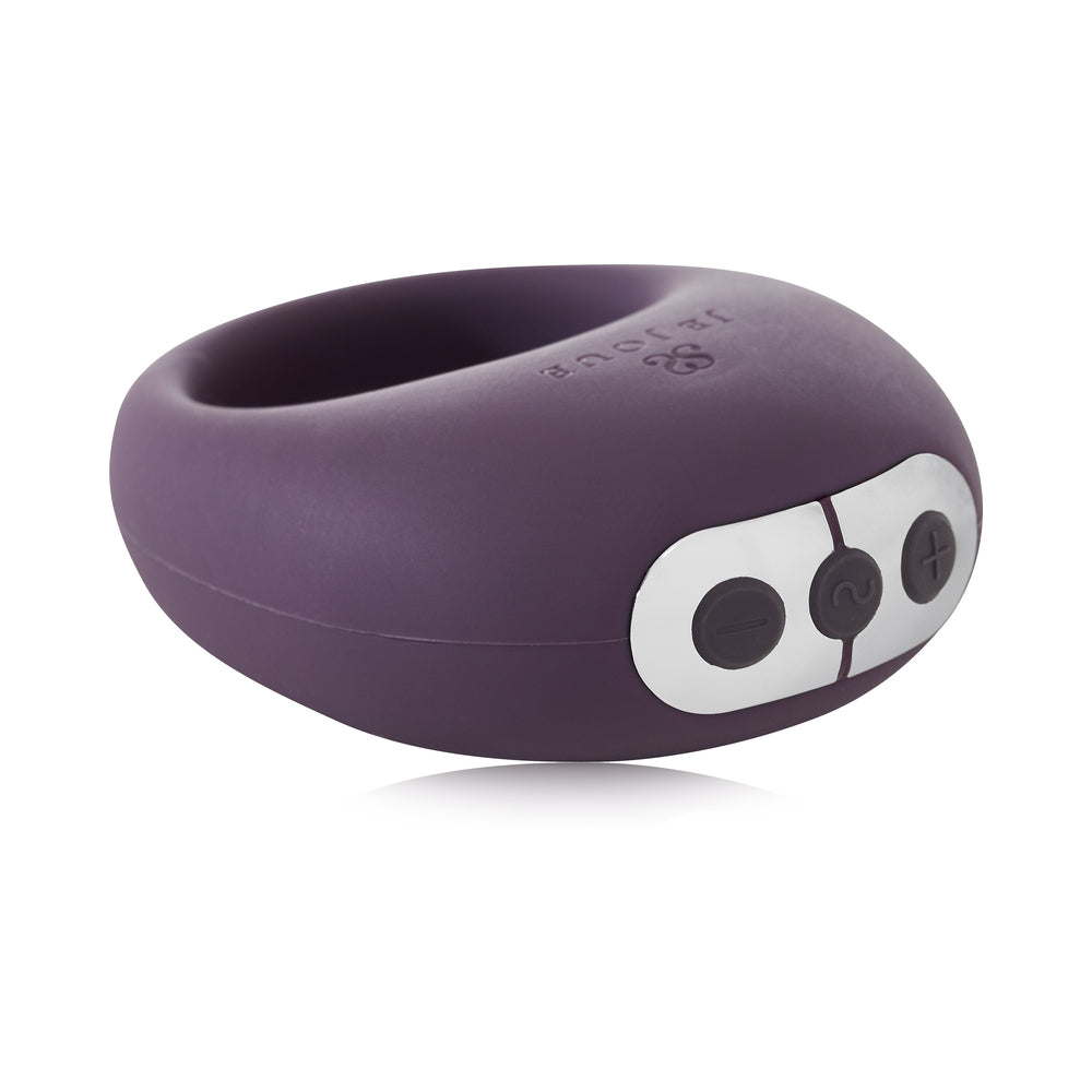 Je Joue Mio V2 Vibrating Cock Ring Purple shown from the side featuring buttons for adjustable settings.